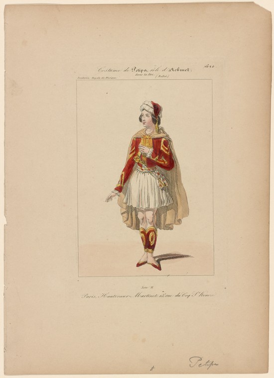 Hand-colored engraving of a male dancer in red embroidered jacket, white pleated skirt, and tall red headdress, standing in a composed three-quarter pose.