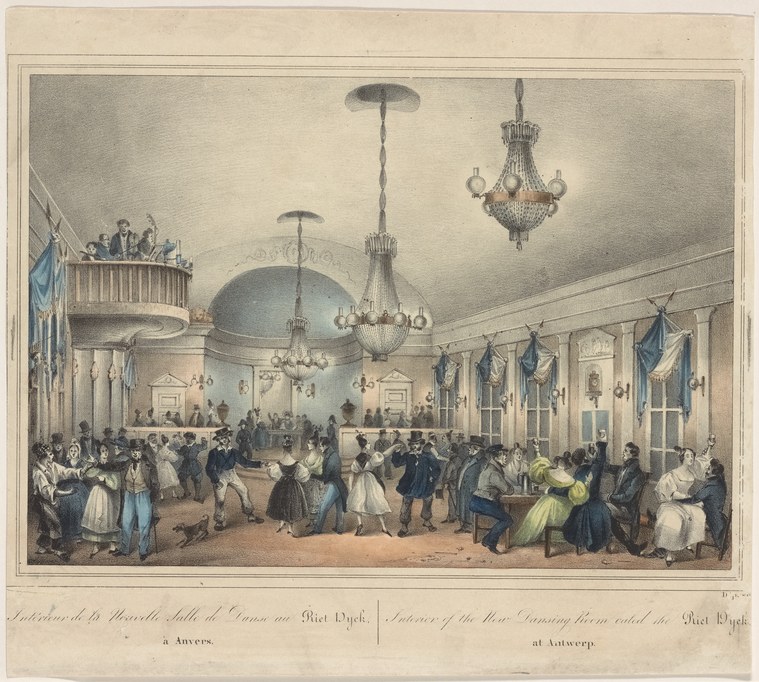 A crowded Regency-era ballroom with couples in formal dress dancing and socializing beneath a domed ceiling and ornate chandeliers.