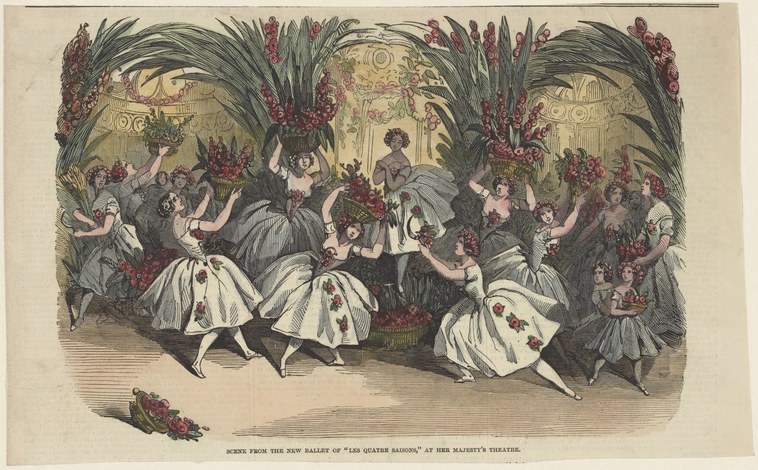 Hand-colored theatre print of dancers in white tutus and pointe shoes on a stage framed by exotic plants and roses