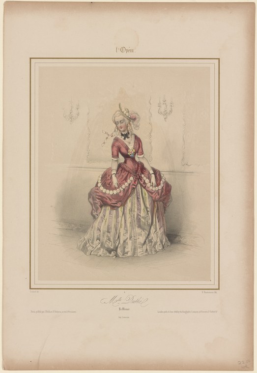 Woman in rose silk court gown posed in minuet position, standing in an elegant interior with candelabra.