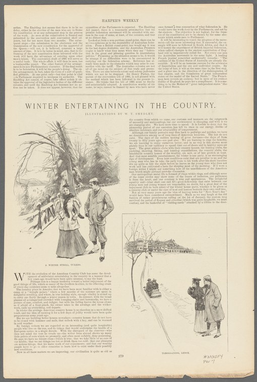 Three wood-engraved winter scenes at Tuxedo Park: a couple in heavy coats with snowshoes amid snowy evergreens; a distant clubhouse in snow; and figures