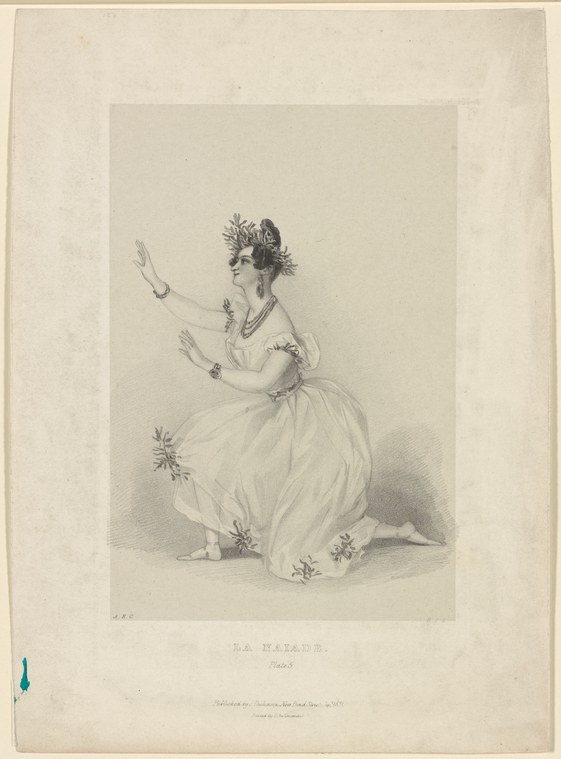 A young woman in white muslin dress stands in a balletic pose, one arm raised, holding flowers, with scattered petals at her feet.