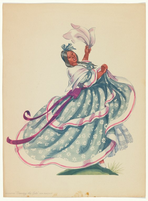 An 18th-century hand-colored engraving of a single figure in Rococo theatrical costume, posed mid-turn with raised arm and floating pink silk scarf.