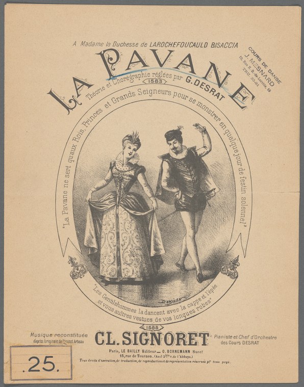 Two Renaissance figures in formal dress, man gesturing in courtly invitation to woman in ornate patterned gown, within decorative oval frame.