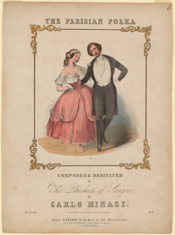 A man in evening dress and a woman in a pink ball gown stand in a moment of courtship before a polka, her skirt caught mid-sway.