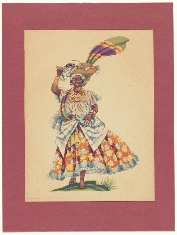 Woman in layered patterned skirt and beaded jewelry raises a feathered object, celebratory carnival pose, hand-colored lithograph.
