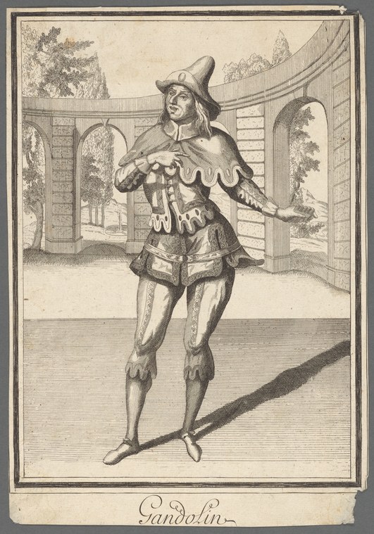A costumed male figure in Renaissance dress strikes a formal pose in a classical courtyard. He wears a broad hat, scalloped doublet, and hose.