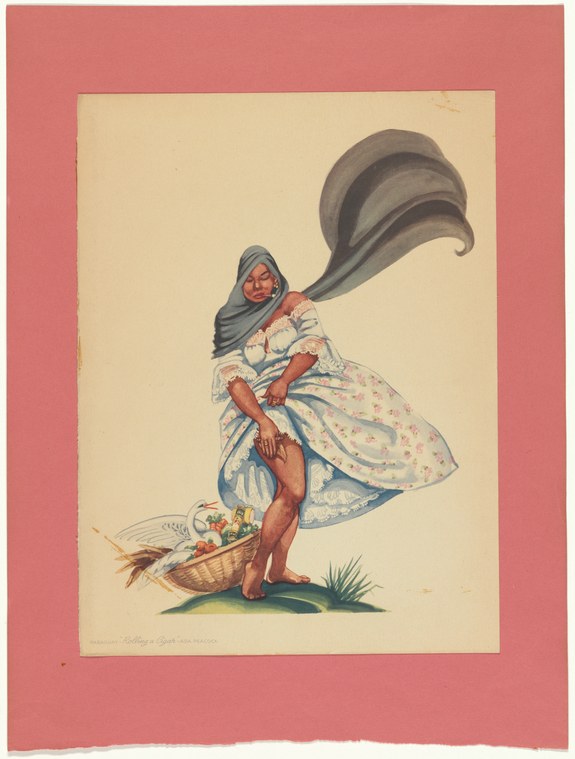 Woman in floral skirt and blue kerchief lifts a large dark cloth overhead while standing barefoot beside a woven basket.