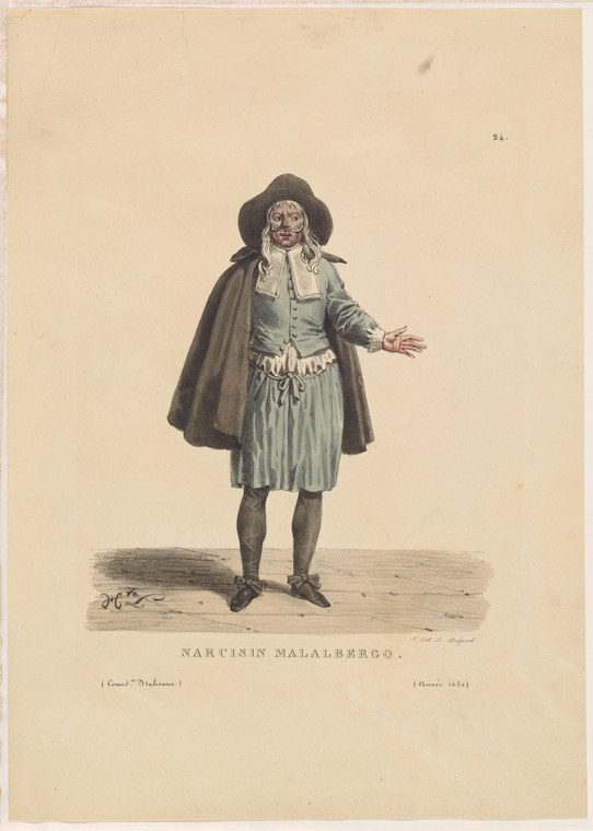 Hand-colored engraving of a man in early 19th-century theatrical costume, standing and gesturing to the viewer.