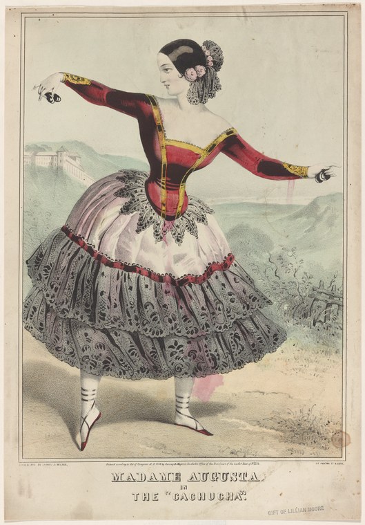 Hand-colored engraving of a female dancer in red velvet bodice and white lace skirt in an arabesque-like pose, labeled Madame Augusta in the Cachucha.