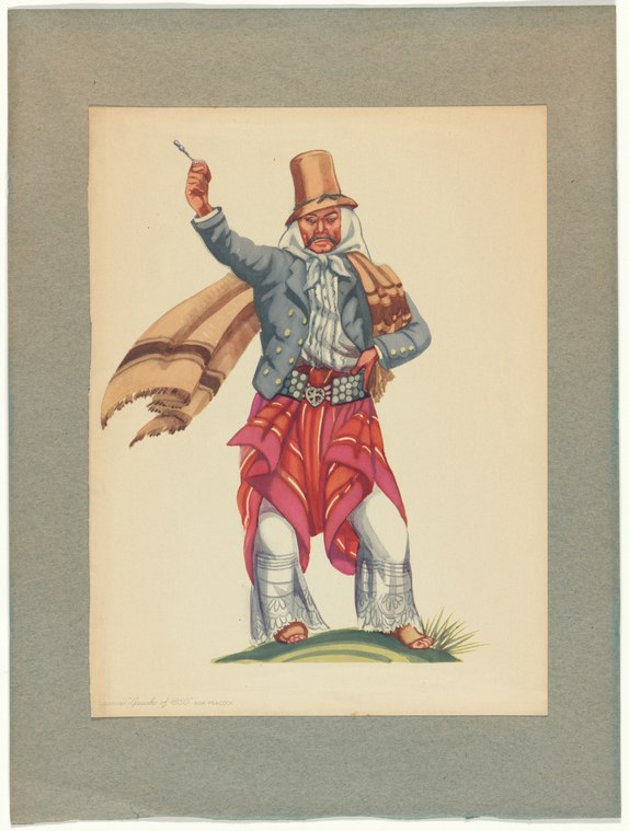 A man in a tall top hat and theatrical red and blue costume stands with one arm raised and a large cape draped across his shoulder.
