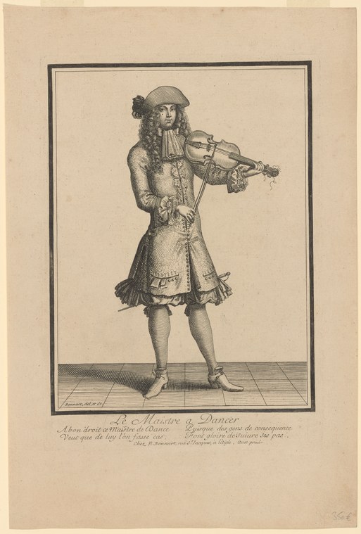 Engraving of a man in 18th-century court dress holding a violin in playing position, identified as a dance master.
