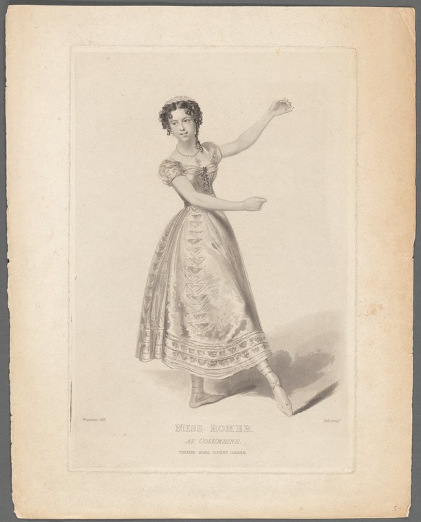 Woman in pale silk gown with raised right arm, posed as Columbine at Theatre Royal Covent Garden.