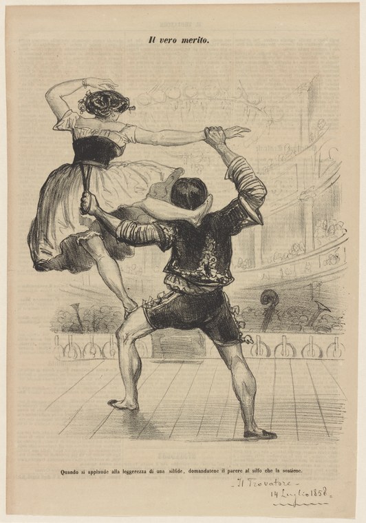 Engraving of a male acrobat in a black costume balancing on one leg while holding a woman in a pale dress horizontally above him with one arm.
