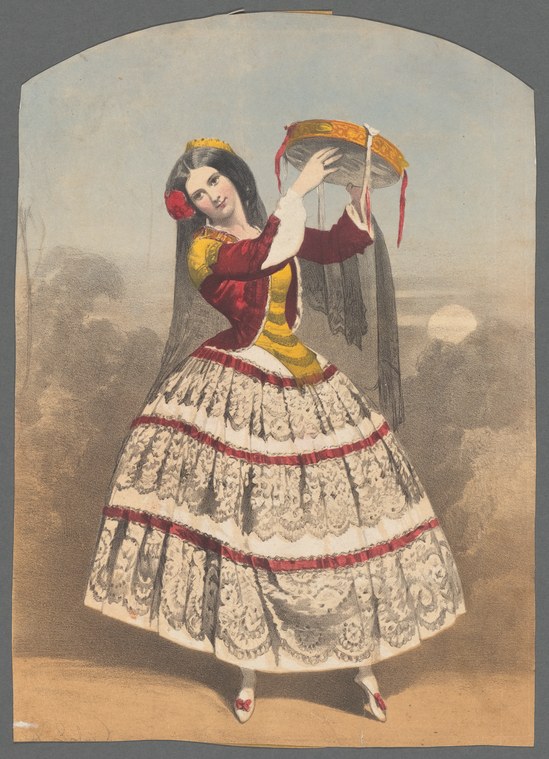 A young woman in theatrical costume holds a tambourine aloft, gazing upward. She wears a white lace skirt with red ribbon tiers and a red bodice with yellow