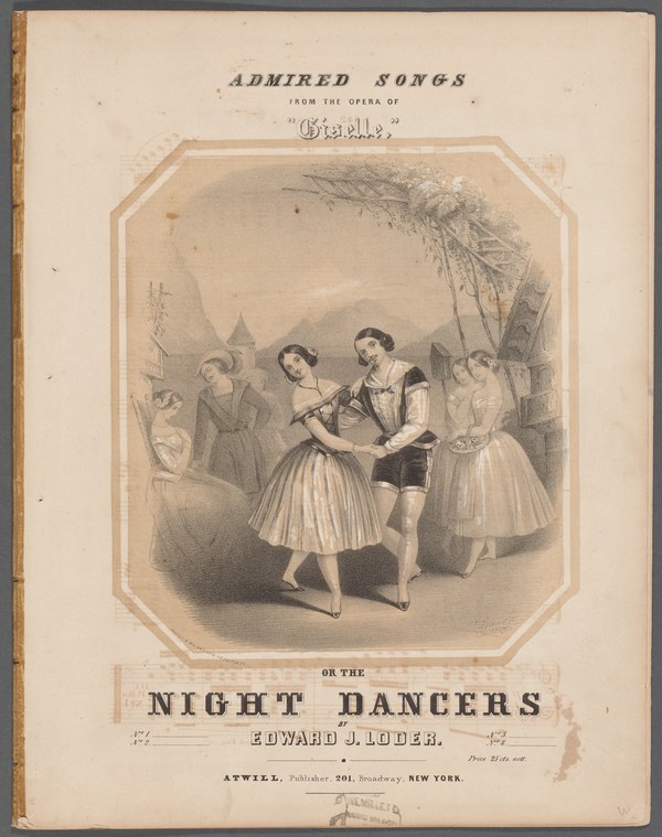 A male dancer supports a weightless female dancer arched backward in white tulle; four other women in pale costumes surround them in a moonlit forest.
