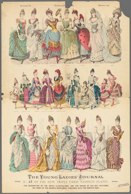 Three rows of eight to nine women in 1880s ballroom dress, hand-coloured engraving, showing full-length figures in corseted gowns with trains, bustles, and