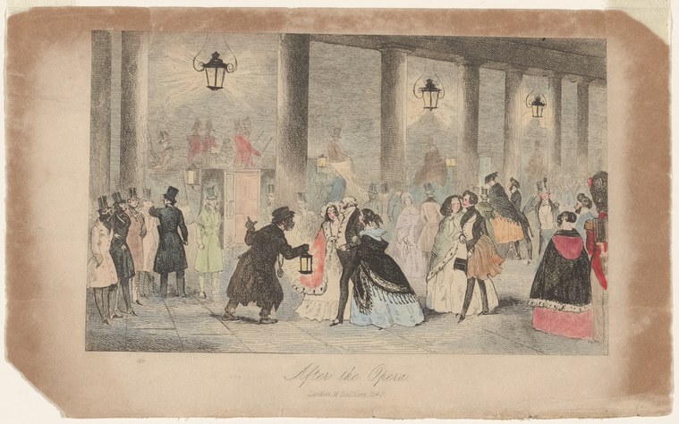 Couples in evening dress dance in the columned foyer of an opera house after a performance, men in dark coats and women in pale gowns holding closed ballroom