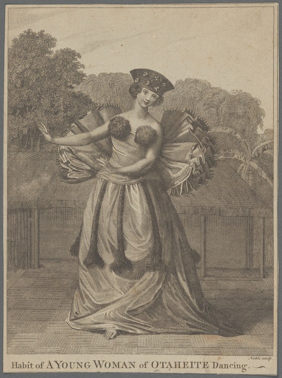 An 18th-century engraving of a woman in draped white linen holding feathered fans, standing in a classical pose against a wooded background.