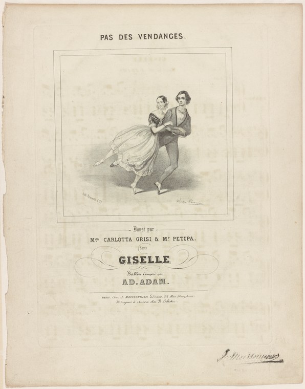 Male ballet dancer in tailcoat supports female dancer in white tutu as she arches backward with extended leg in a Romantic-era adagio.