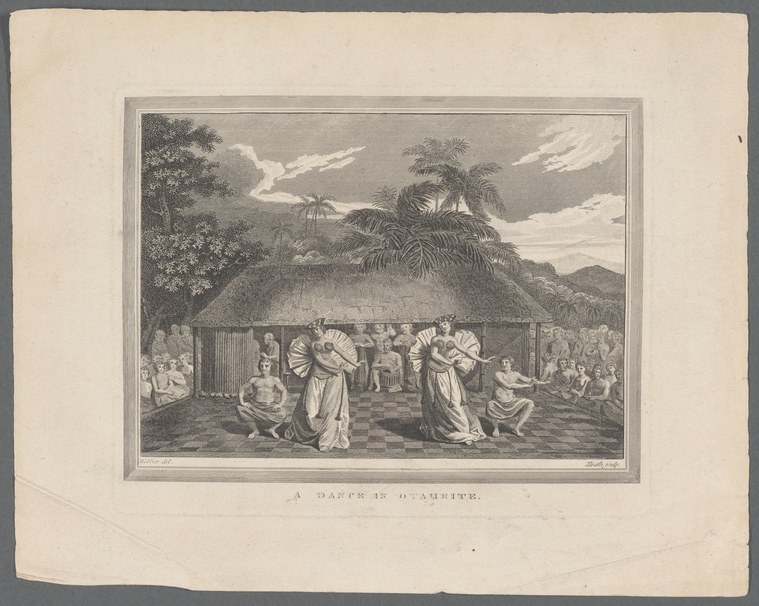 Engraving of large thatched gathering house surrounded by palm trees, with dozens of figures in light garments engaged in social movement and ceremony.