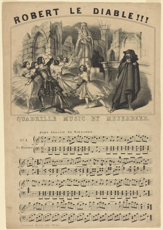Engraved illustration of dancers in a Gothic cathedral with musical score, from an operatic quadrille by Meyerbeer based on Robert le diable.
