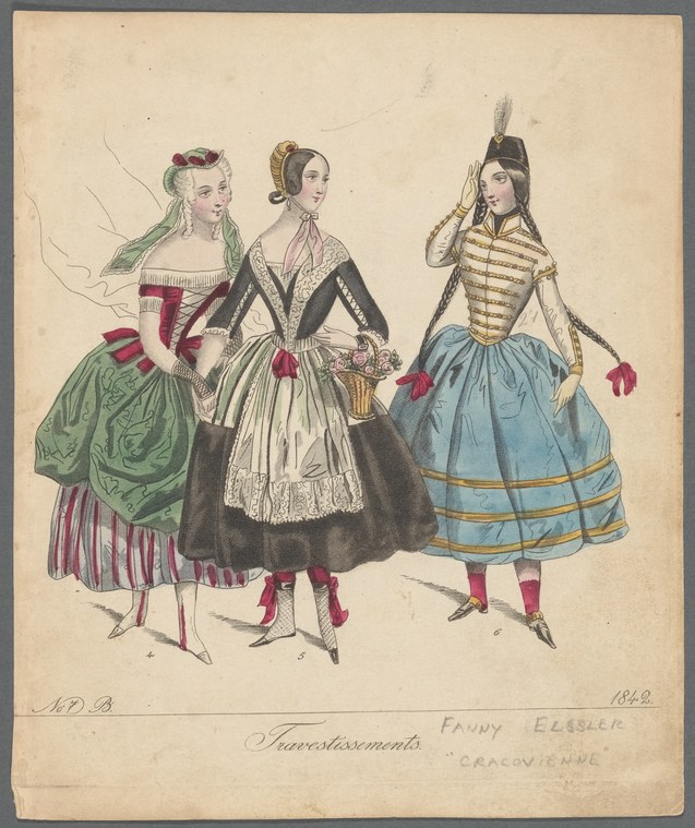 Three women in contrasting theatrical costumes stand still, facing front: a lady in green and magenta, a maid in black and white, and a military figure in blue