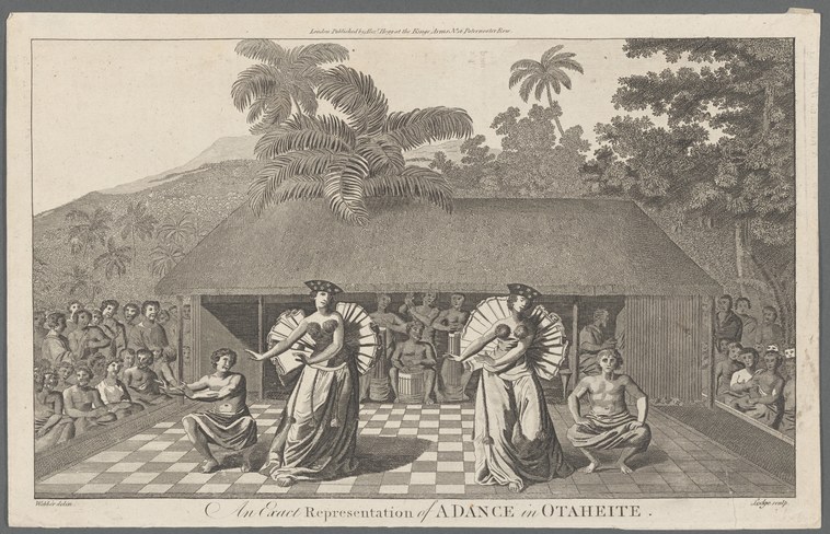 Engraving of two figures in European dress performing dance inside a thatched structure, surrounded by seated spectators, with tropical landscape beyond.