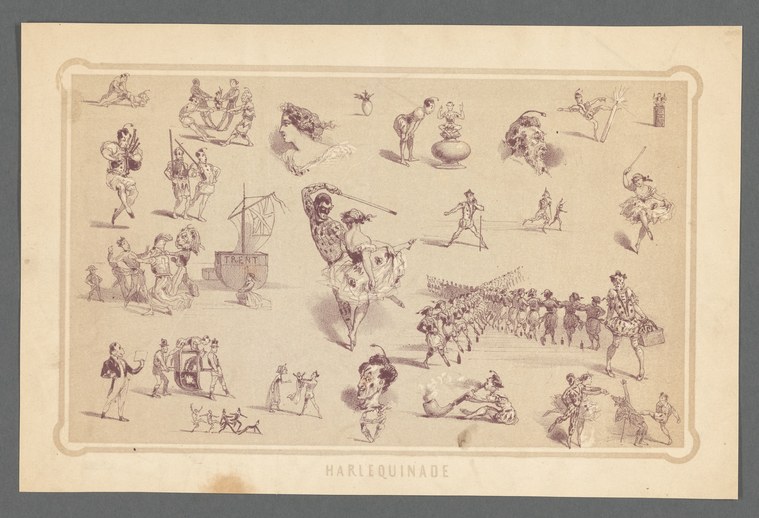 Engraving showing dozens of commedia dell'arte characters in vignettes across one sheet, with Harlequin repeatedly visible in diamond-patterned costume