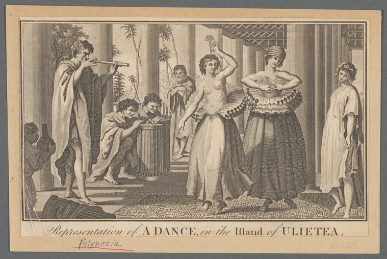 Engraving: a naked woman in ornate headdress stands posed in a neoclassical colonnade, observed by a man with a telescope and attended by elaborately dressed