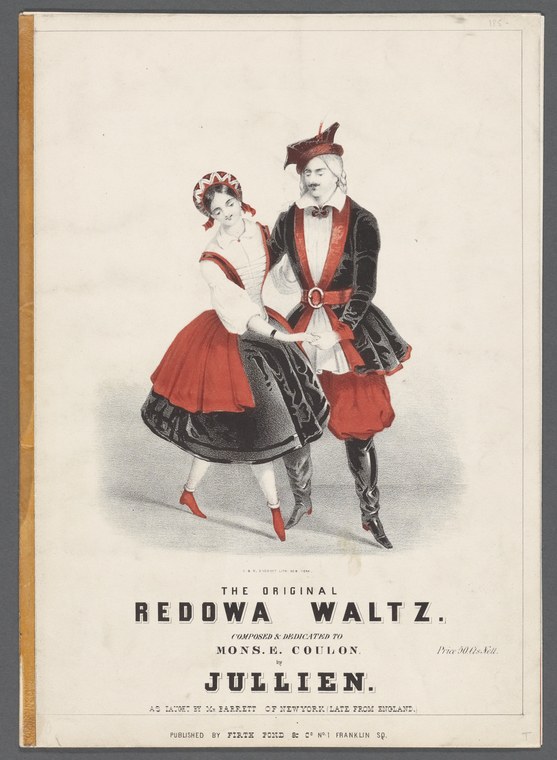 Lithograph of a man and woman in 1840s dress performing the redowa waltz in closed ballroom position, mid-turn.