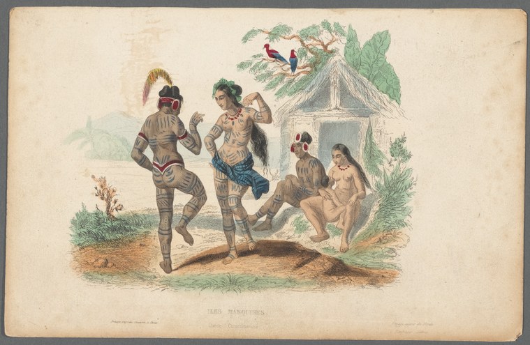 Two tattooed Pacific Islander dancers in dynamic poses with bent knees and raised arms in a village setting, with seated figures and thatched structures behind