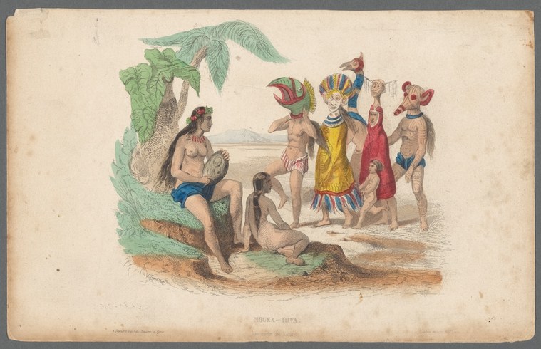 Hand-colored engraving of eight figures on a tropical shore. Central figure in feathered headdress and yellow garment holds both arms raised. Surrounding
