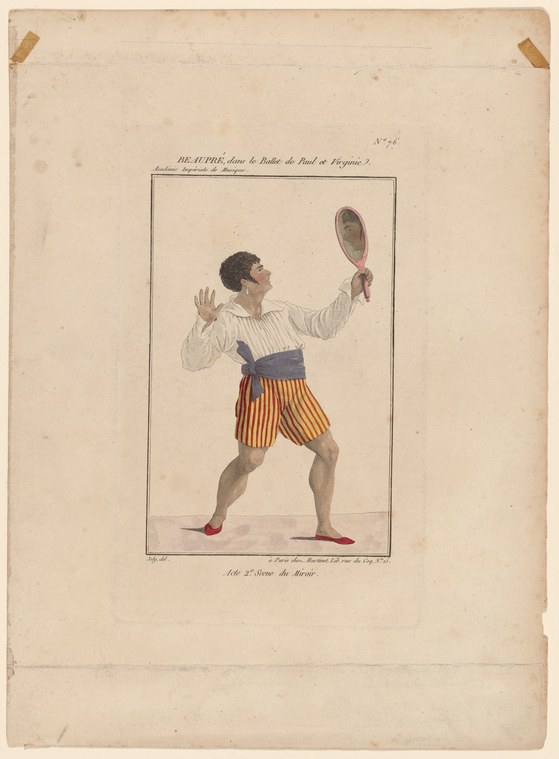 Male dancer in striped breeches and white shirt gazes at a hand mirror he holds aloft, one arm raised expressively, in a dynamic asymmetrical pose.