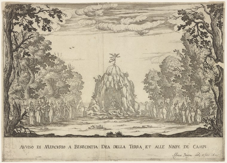 Engraving of a formal gathering of classical figures in a wooded landscape with a rocky temple at center, dated 1633.