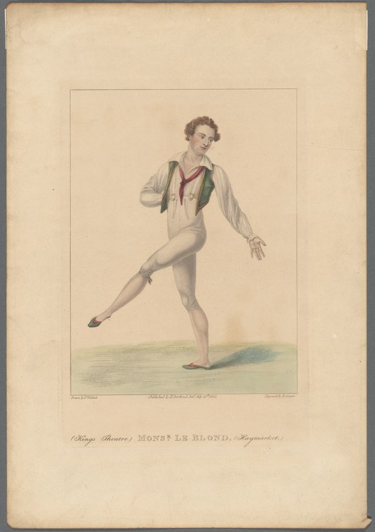 A young male dancer in pale tunic and tights holds a classical balletic pose with one leg extended behind him, arms positioned for balance.