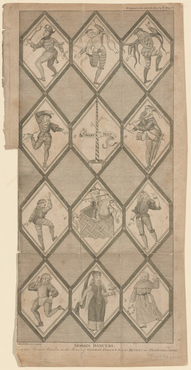 Engraved grid of twelve male morris dancers in bells and period costume, shown in individual dynamic poses around a central bell emblem.