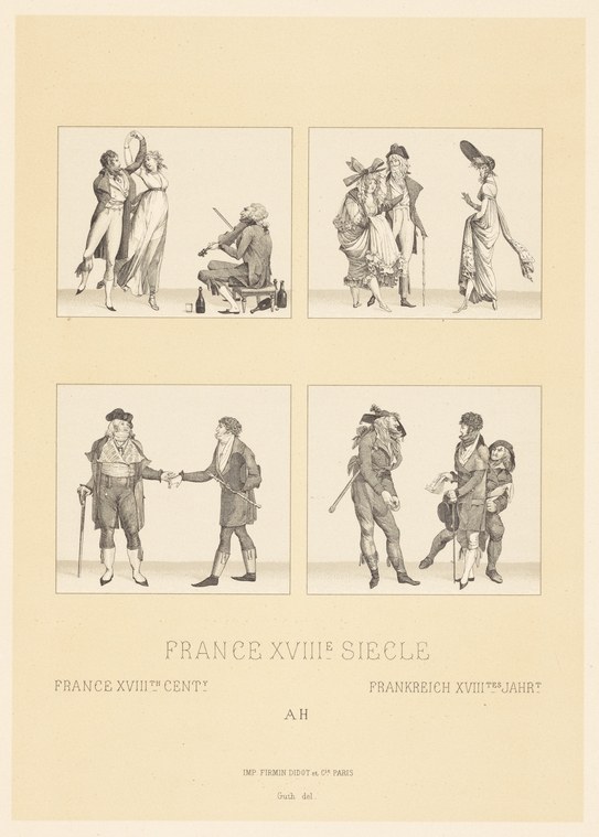 Four vignettes showing 18th-century French aristocrats in formal dress performing courtly gestures: greeting, courtship, child instruction, and professional