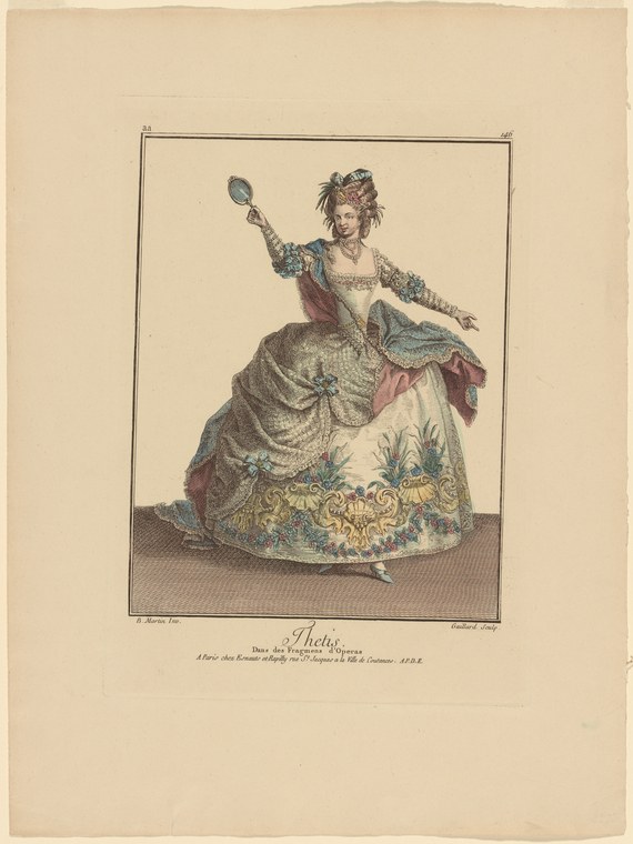 Eighteenth-century hand-colored engraving of a woman in elaborate court dress holding a hand mirror, posed as a theatrical dance character.