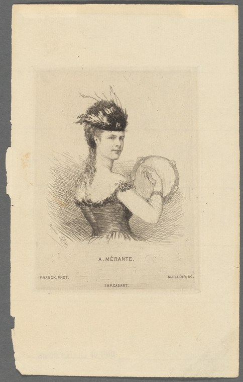 Engraving of a woman in mid-19th-century dress, posed with raised arms holding a fan, weight shifted in a step.