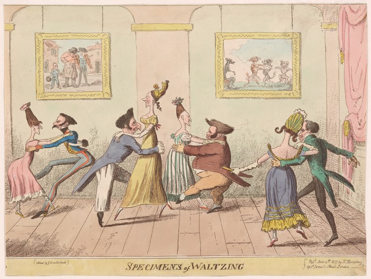 Seven figures in Regency dress perform different waltz poses in an elegant ballroom with painted walls and pink curtains.
