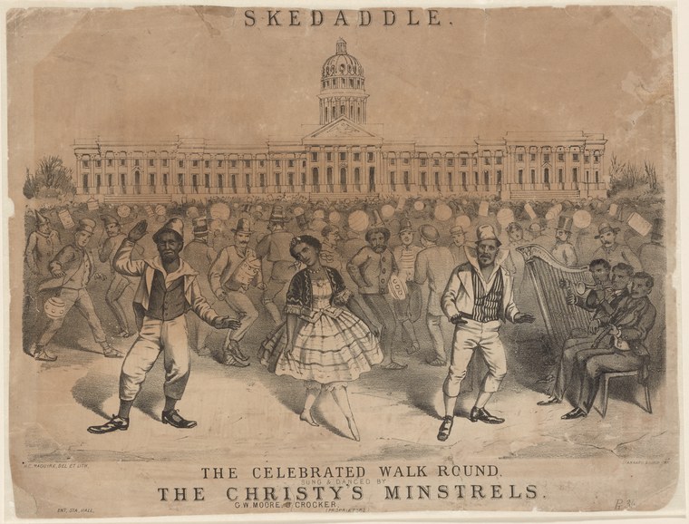 Hand-colored engraving of African American performers in exaggerated poses before a classical government building, surrounded by a crowd of white onlookers.