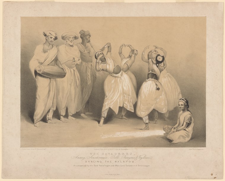 Hand-colored engraving of five women in classical drapery standing in a frontal line, posed as if for exhibition, with a seated musician to the right.