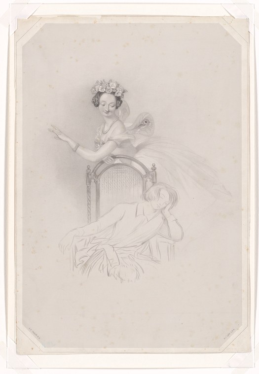 Pencil drawing: graceful female ballet dancer in tiara and tutu, arms raised in farewell gesture, hovering above an indistinct reclining figure.