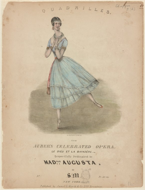Hand-colored engraving of a female dancer in a pale blue tiered skirt, white bodice, and jeweled headdress, posed with left leg raised en pointe.