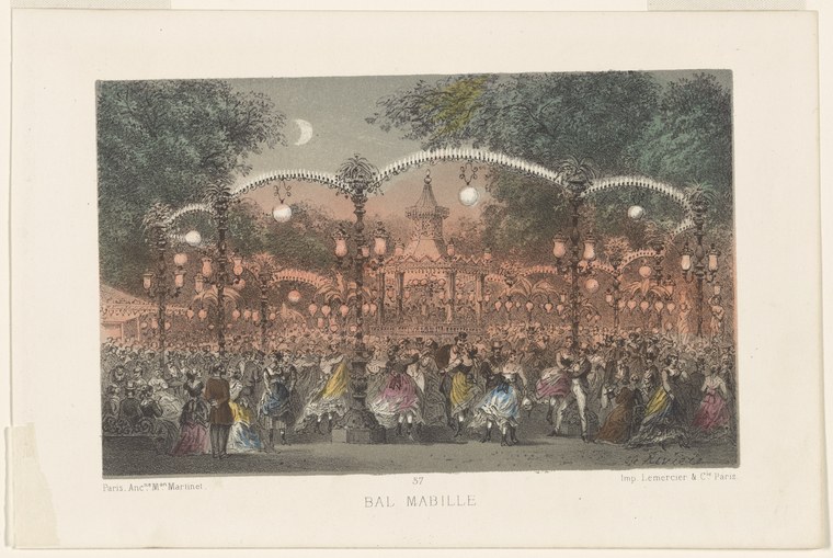 A crowded night scene of hundreds of dancers and spectators at an illuminated outdoor ballroom pavilion in Paris, with women in full skirts and men in dark
