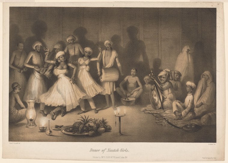 Three women in pale cotton skirts dance with raised arms in a columned hall; seated musicians hold stringed instruments; male attendants observe.