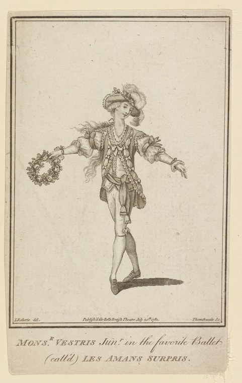 Engraving of an 18th-century male dancer in embroidered coat and heeled shoes, posed with one arm raised holding a wreath.