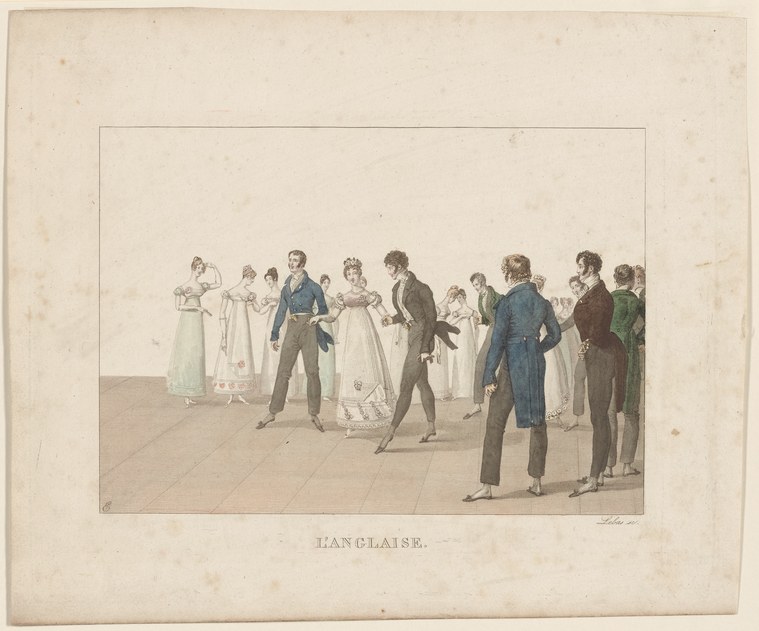 Twelve elegantly dressed figures in Regency attire stand in a formal line in a ballroom, women in white gowns and men in colored coats, posed to begin a