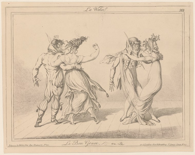Two classical-draped female figures perform a waltz, one turning with raised arm, the other leaning back, crowned with flowers.